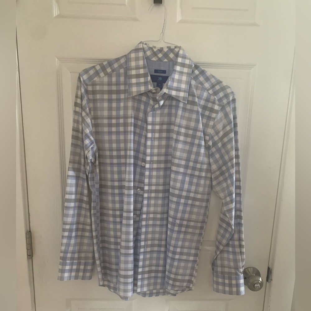 Egara Light Blue and White Plaid Dress Shirt